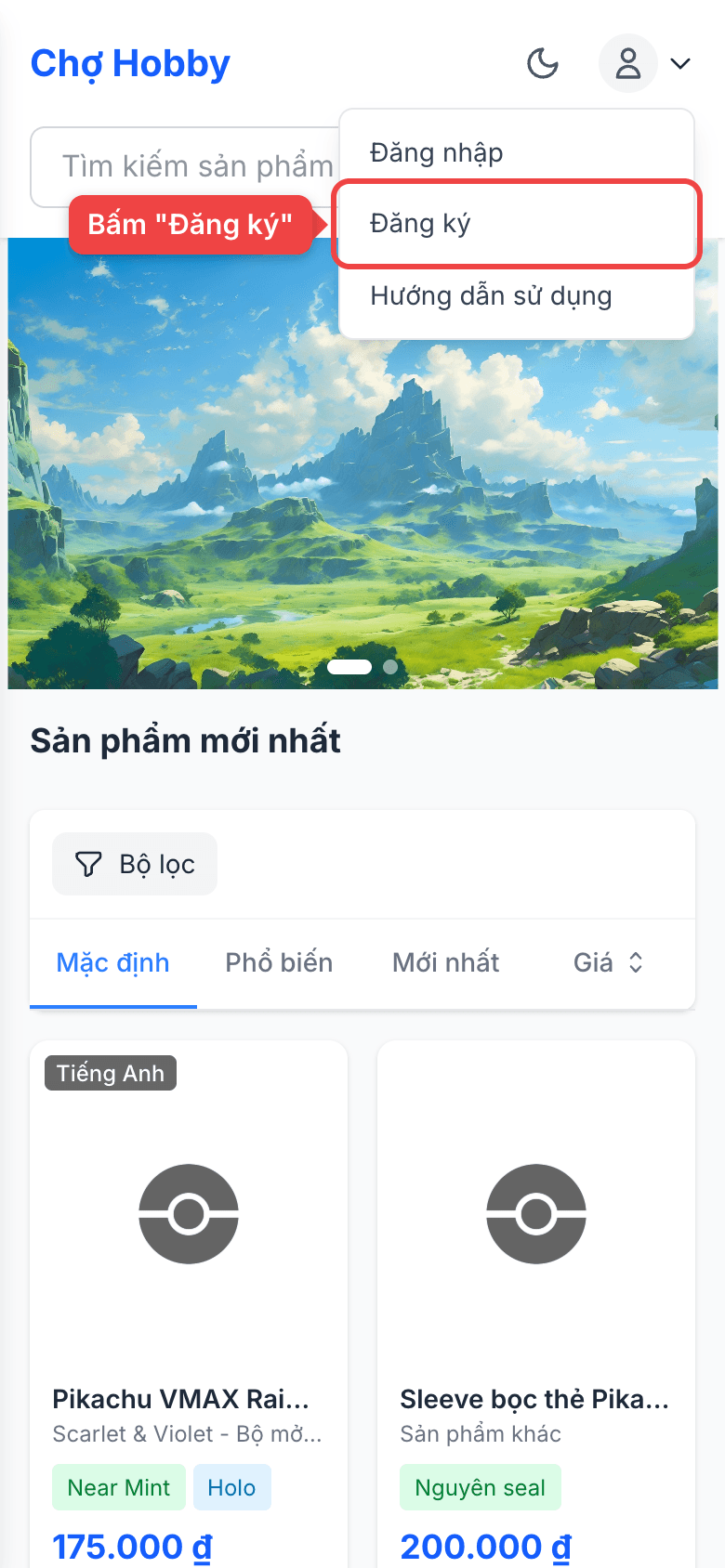 Menu tài khoản với mục Đăng ký