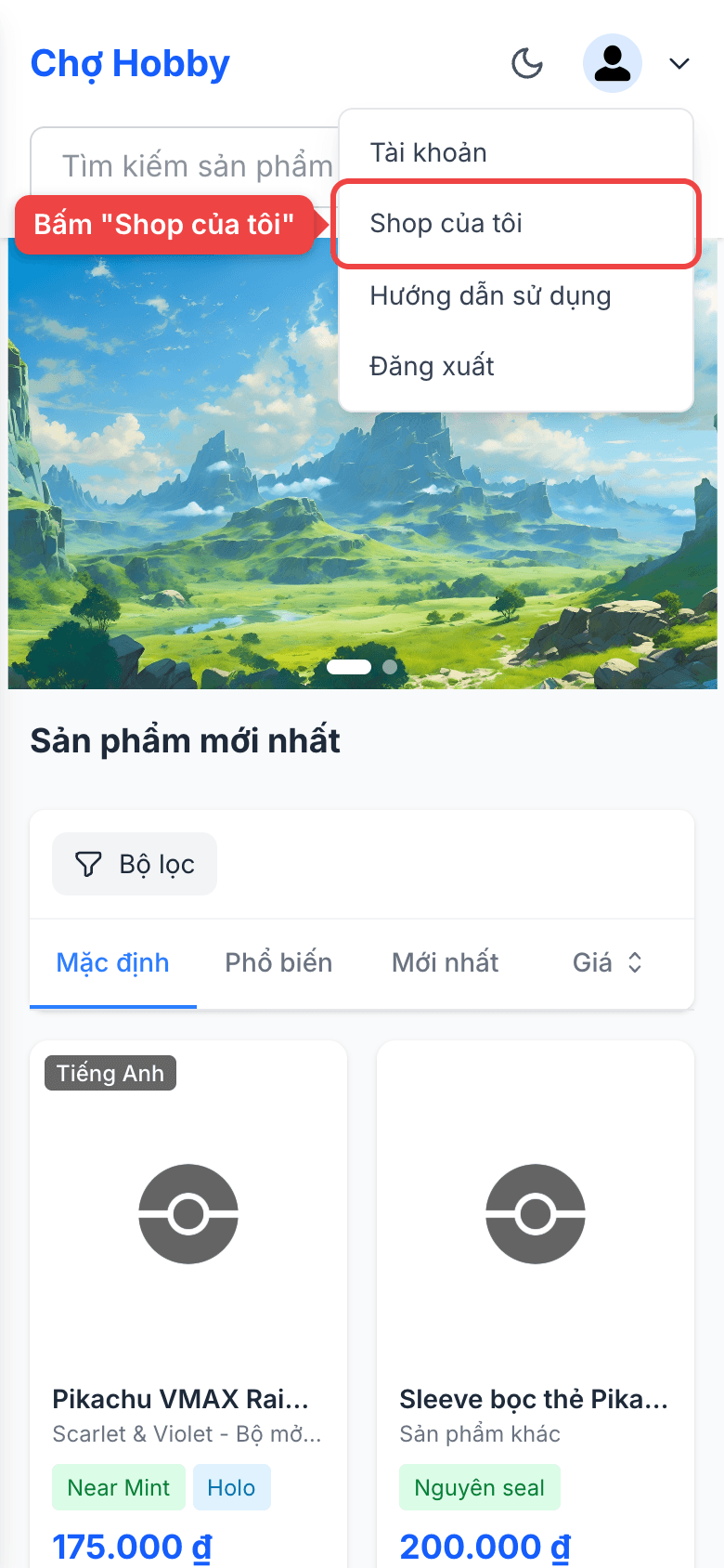Menu tài khoản với mục Shop của tôi