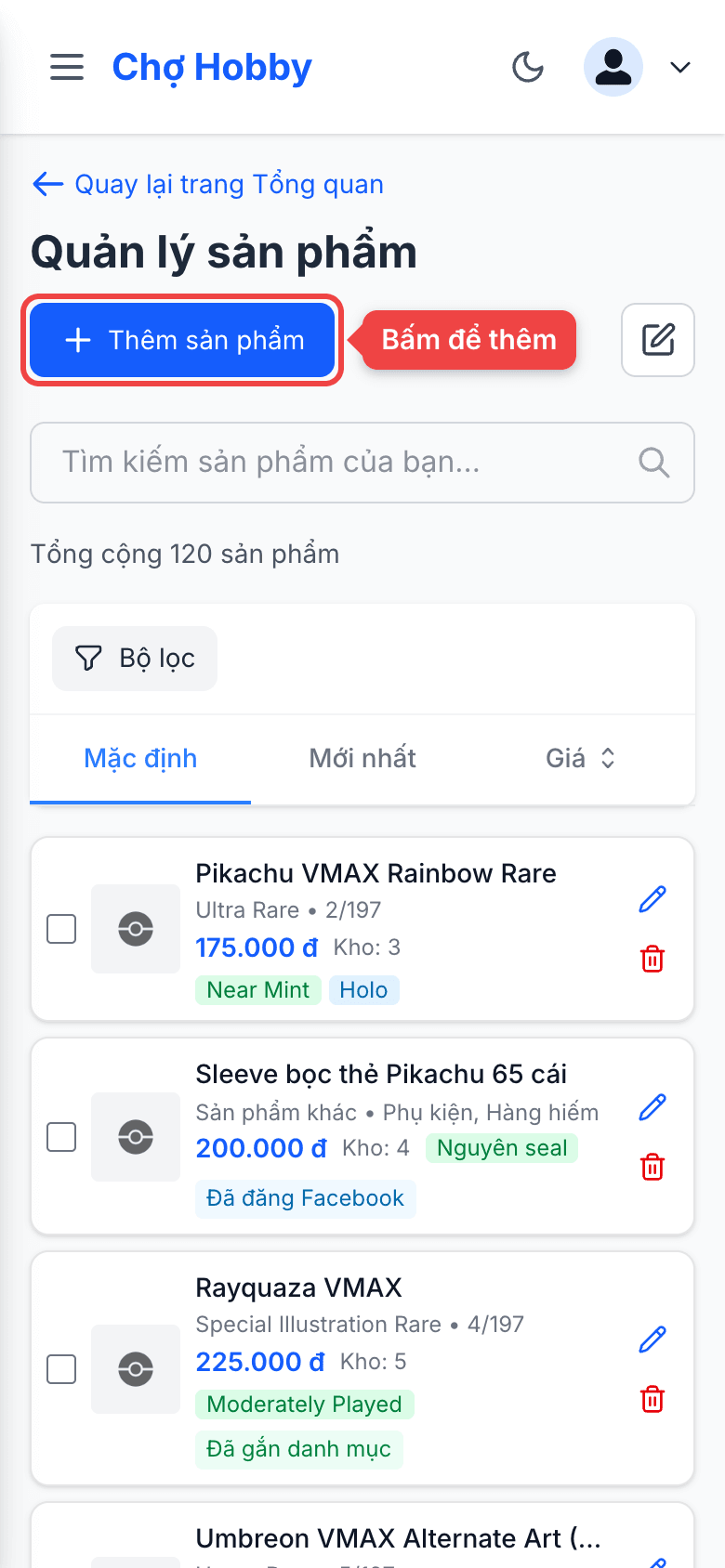 Nút Thêm sản phẩm ở trang Quản lý sản phẩm