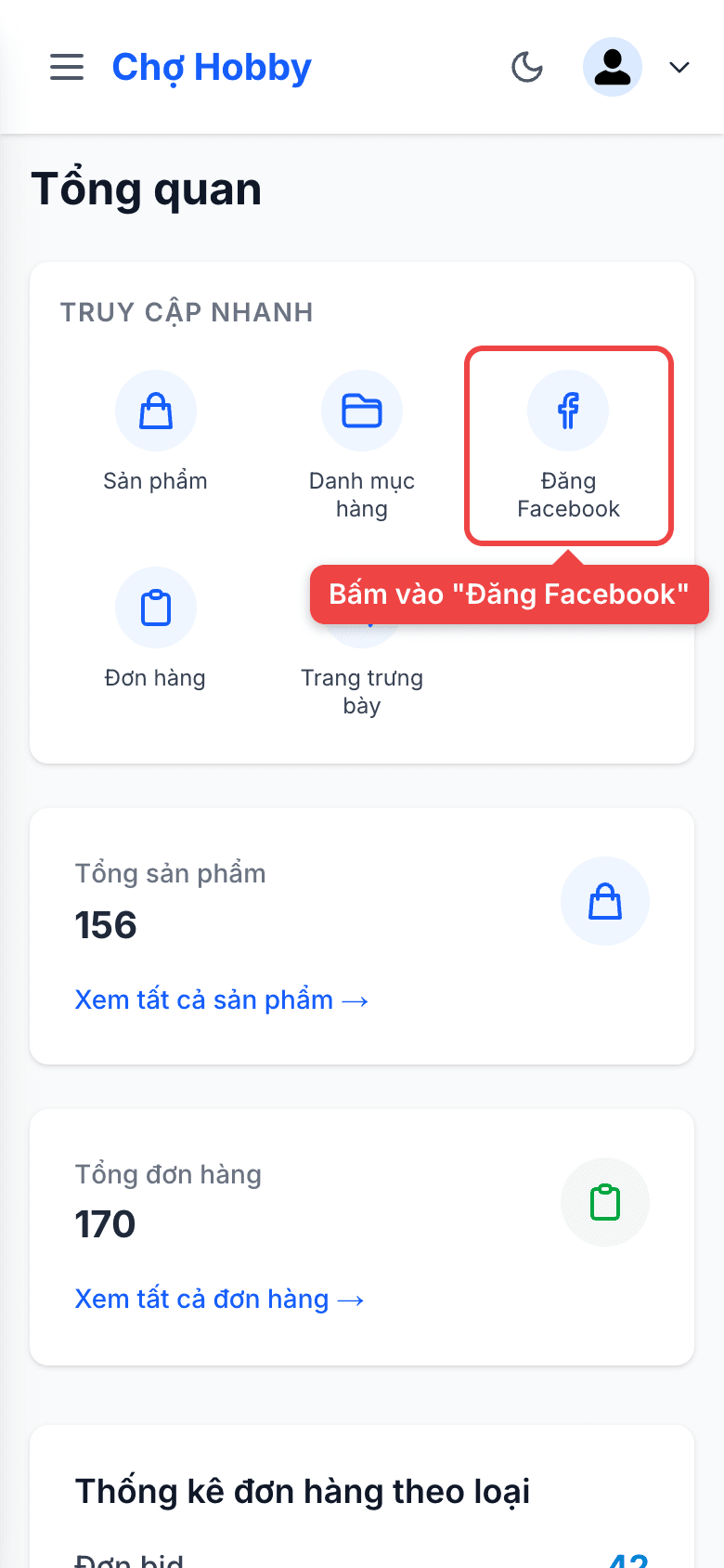 Khối Truy cập nhanh với mục Đăng Facebook