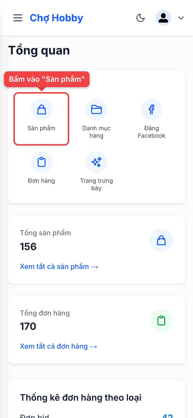 Khối Truy cập nhanh với mục Sản phẩm