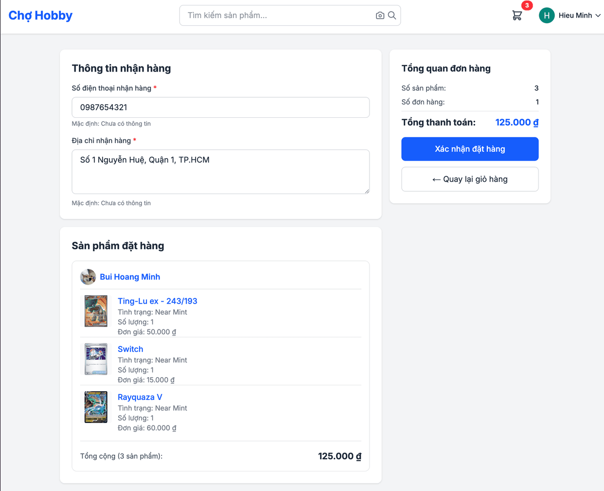 Screenshot: Trang xác nhận đơn hàng