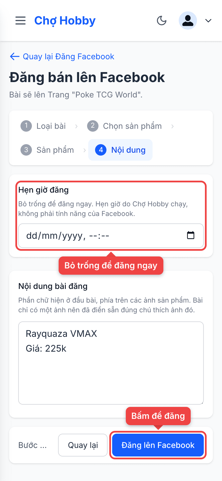 Hẹn giờ đăng và nút Đăng lên Facebook