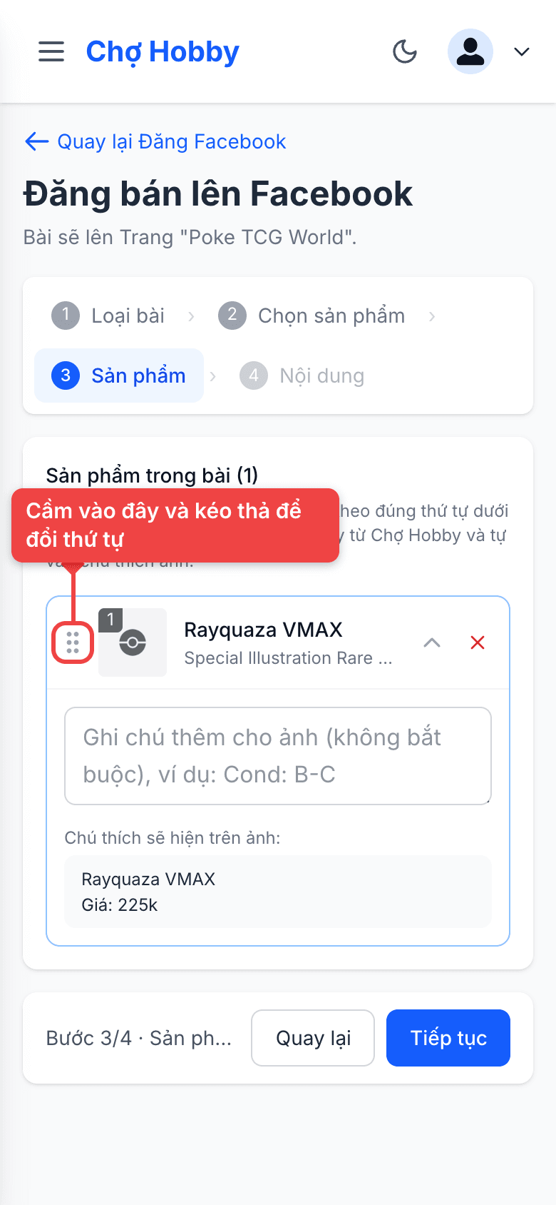 Danh sách sản phẩm trong bài với tay cầm kéo thả