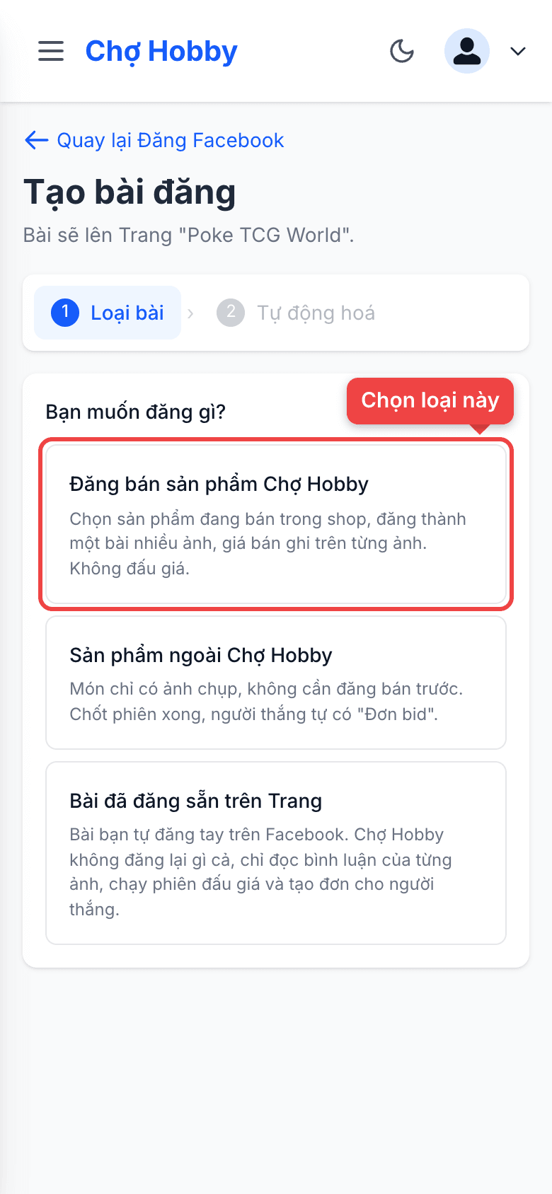 Loại bài Đăng bán sản phẩm Chợ Hobby