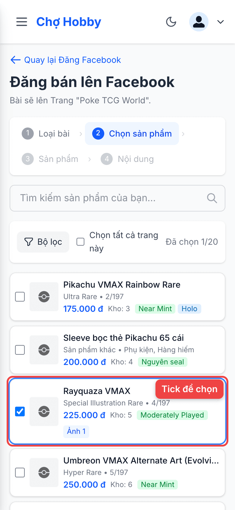 Tick chọn sản phẩm cho bài