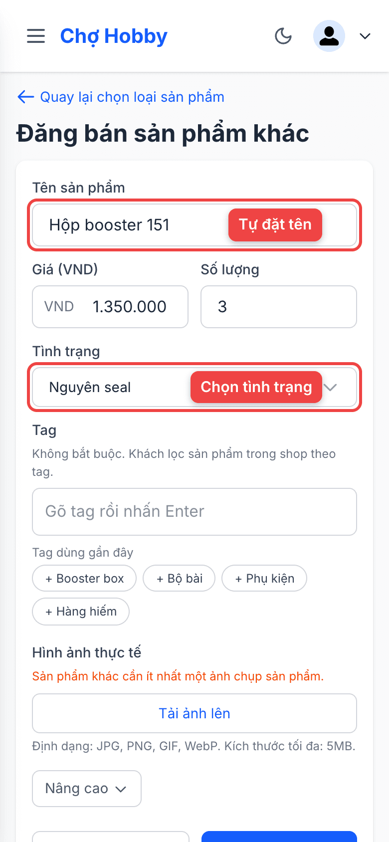 Ô tên sản phẩm và tình trạng