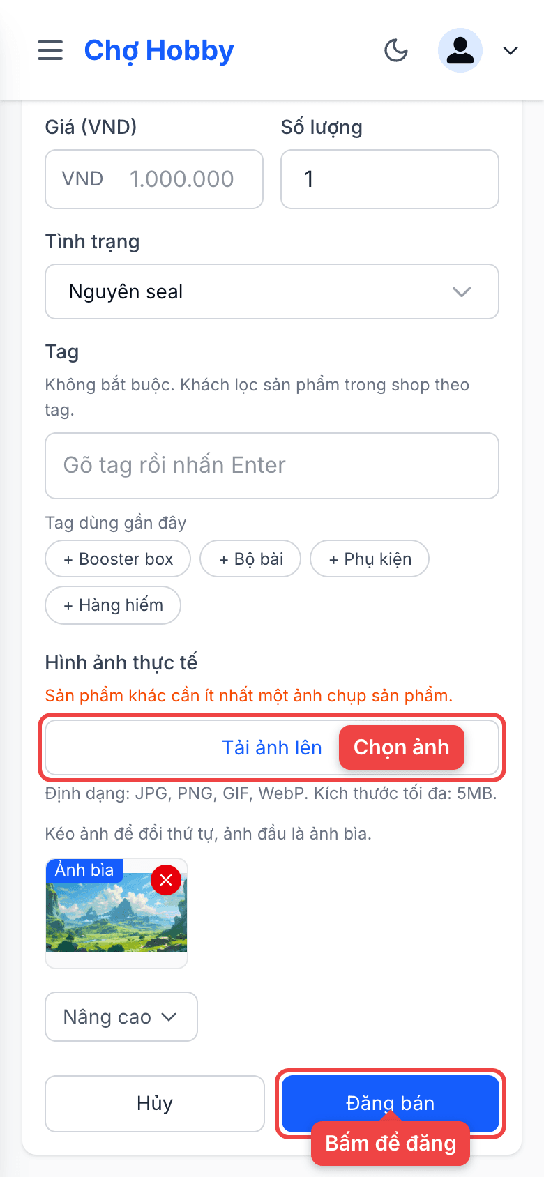 Tải ảnh lên và nút Đăng bán