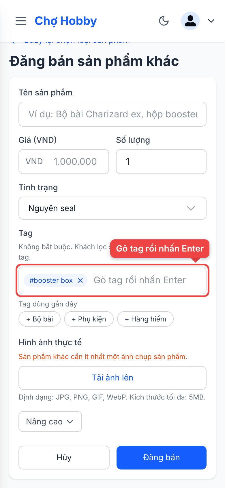 Ô nhập tag và các tag dùng gần đây