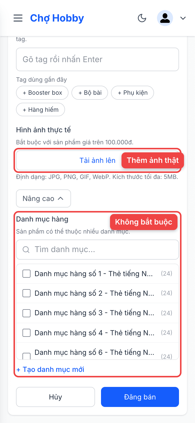 Tải ảnh lên và chọn danh mục