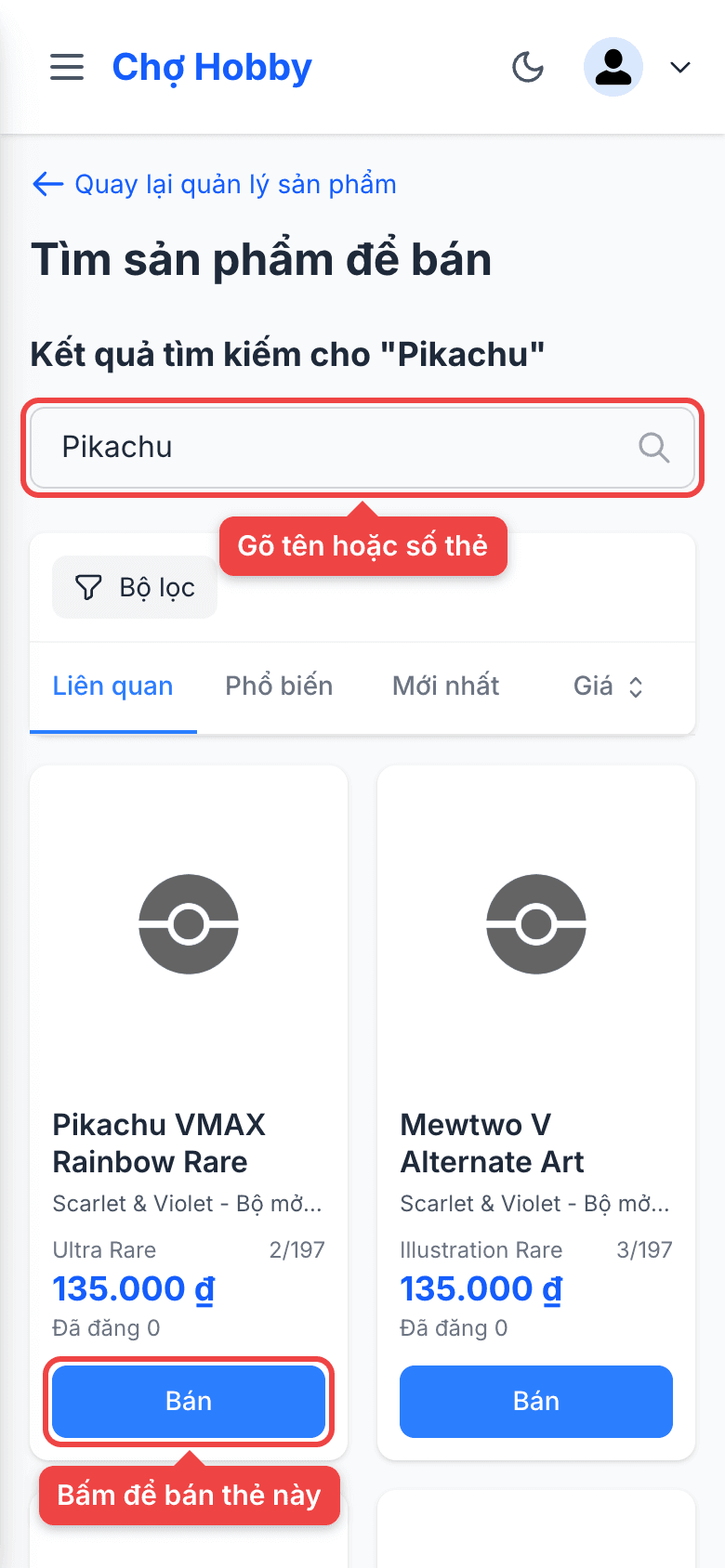 Tìm thẻ và nút Bán