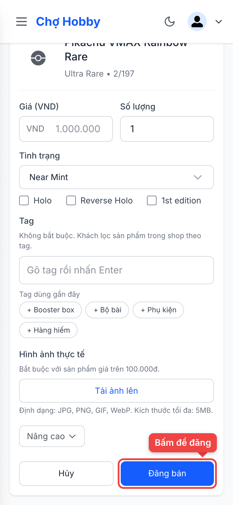 Nút Đăng bán ở cuối form