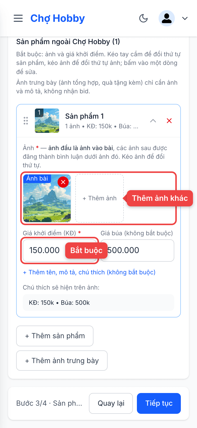 Ảnh và giá khởi điểm của một sản phẩm