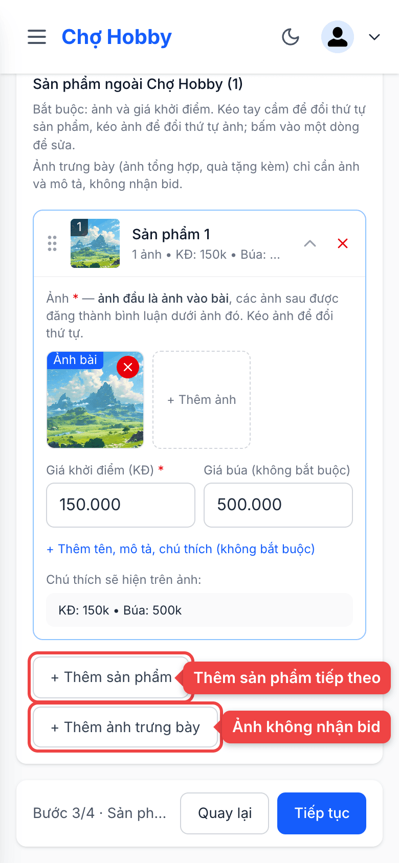 Nút thêm sản phẩm và thêm ảnh trưng bày
