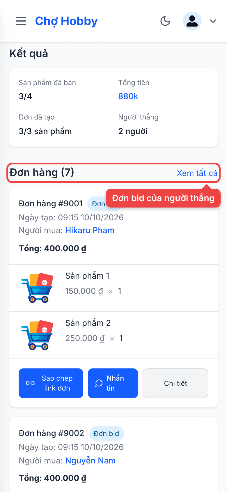 Kết quả phiên và các đơn bid