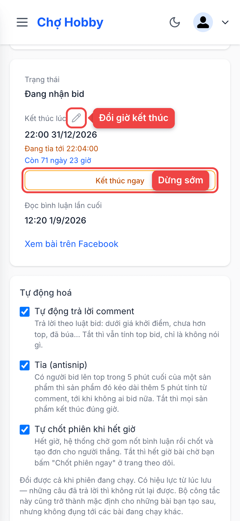 Trạng thái phiên với nút đổi giờ và Kết thúc ngay