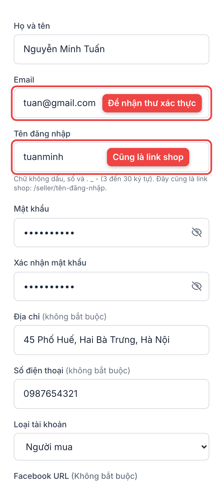 Form đăng ký: email và tên đăng nhập