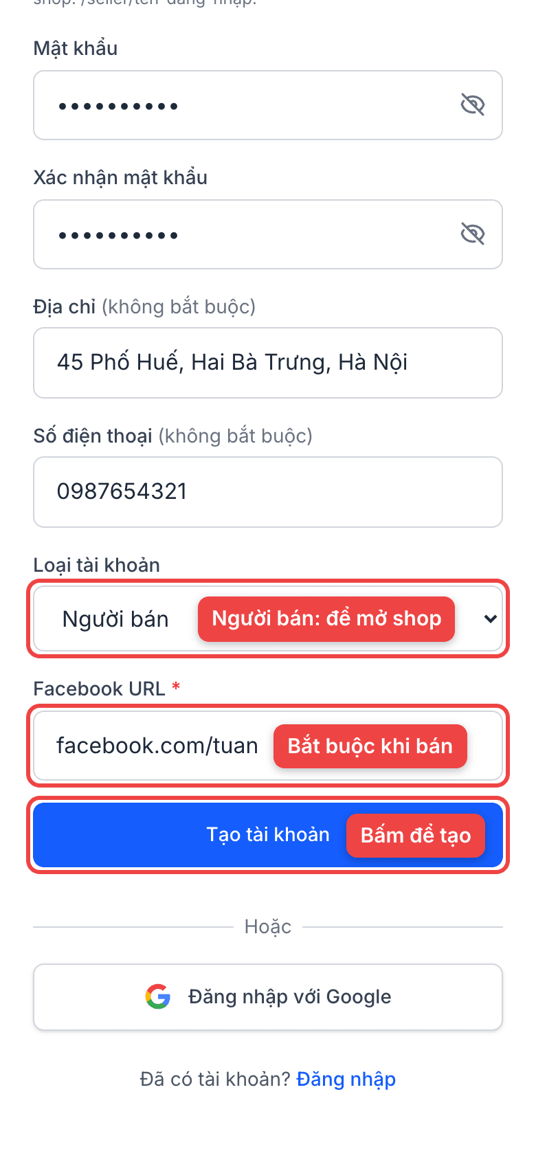 Loại tài khoản, Facebook URL và nút Tạo tài khoản