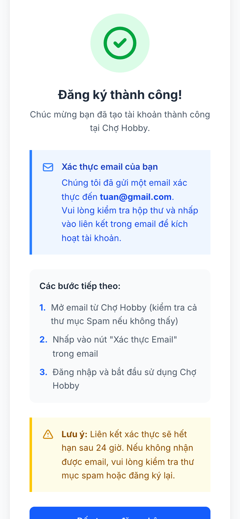 Trang đăng ký thành công, nhắc xác thực email