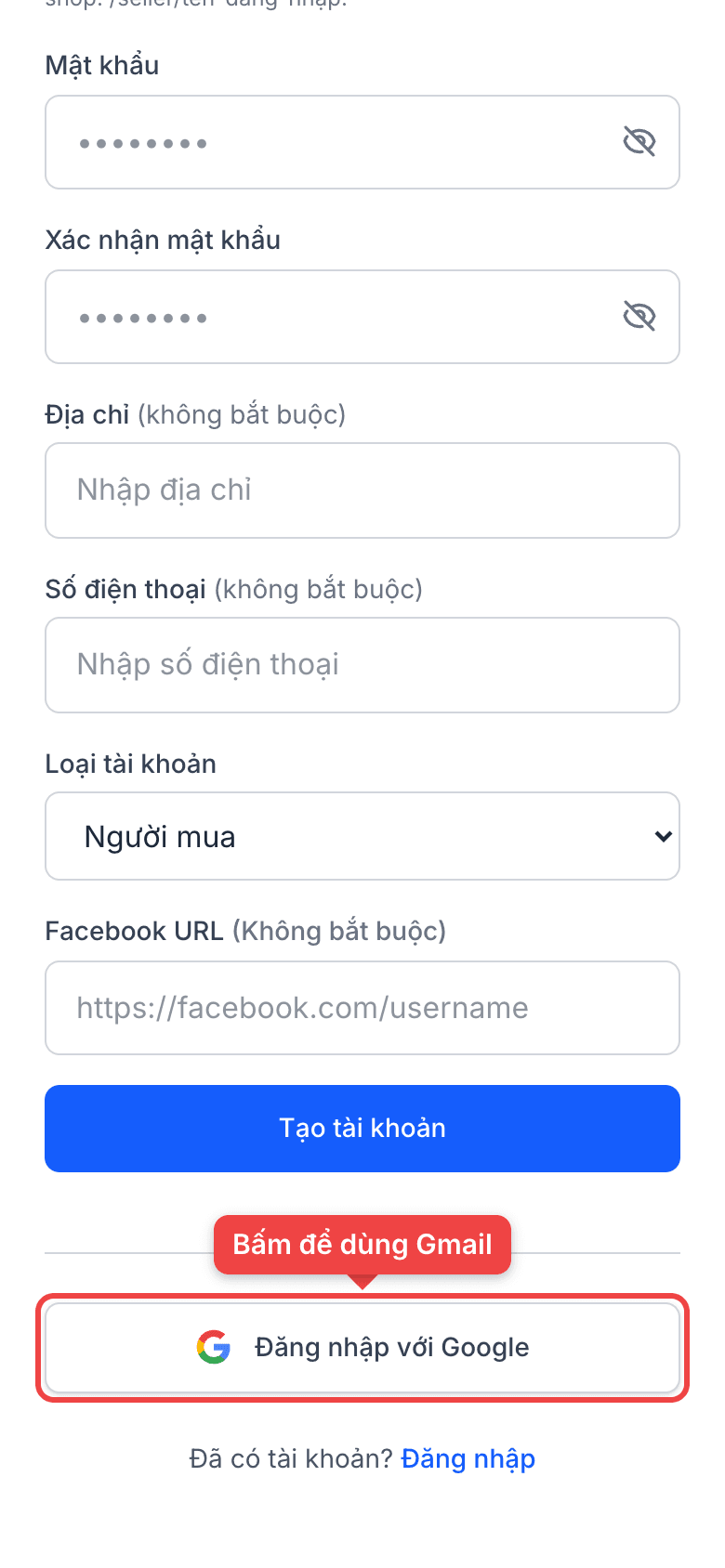 Nút Đăng nhập với Google ở cuối trang đăng ký