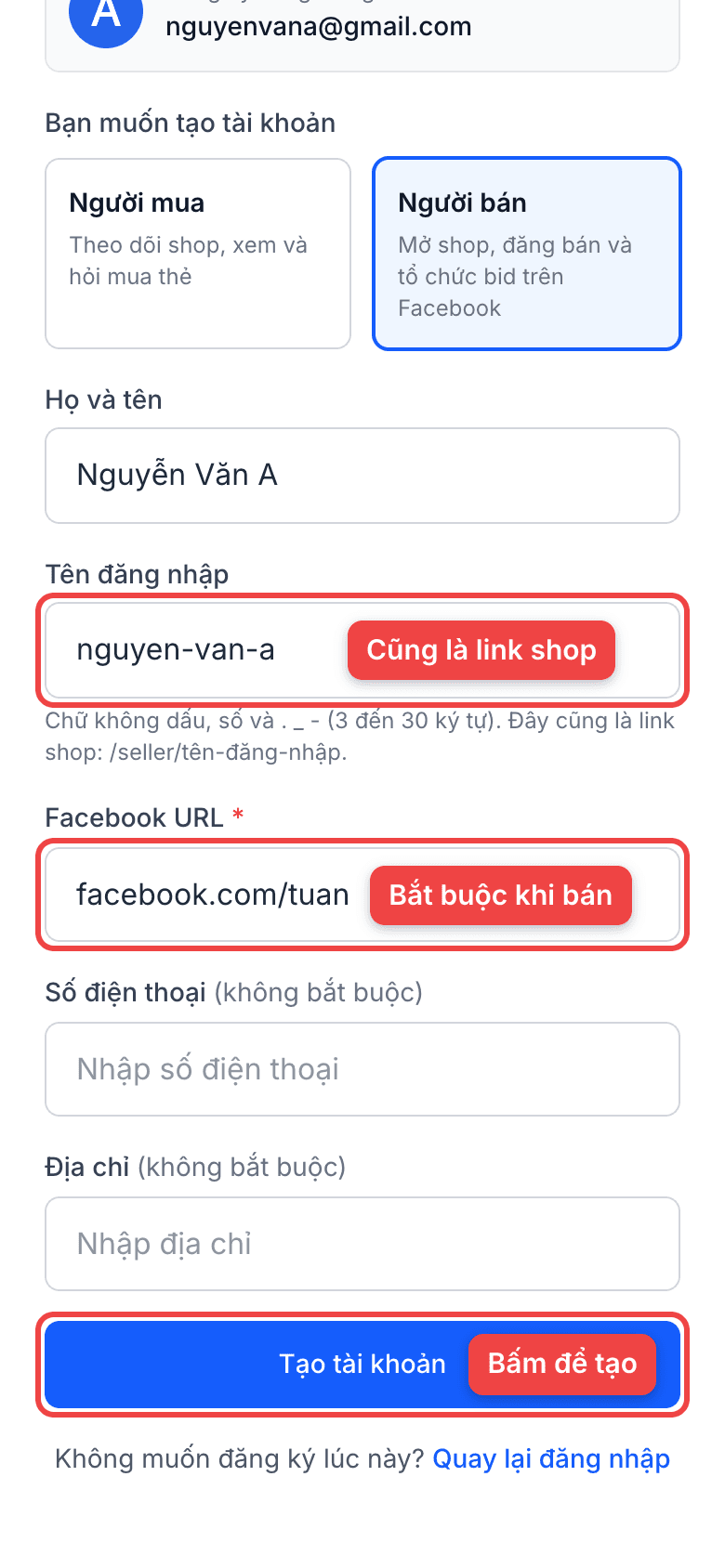 Tên đăng nhập, Facebook URL và nút Tạo tài khoản