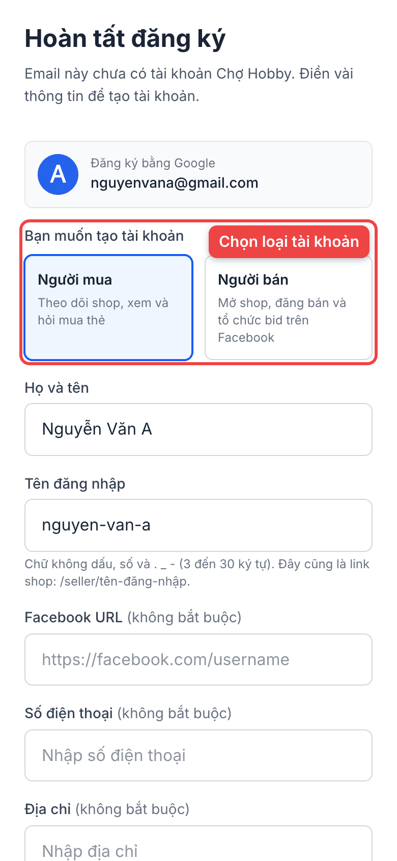 Chọn loại tài khoản Người mua hoặc Người bán