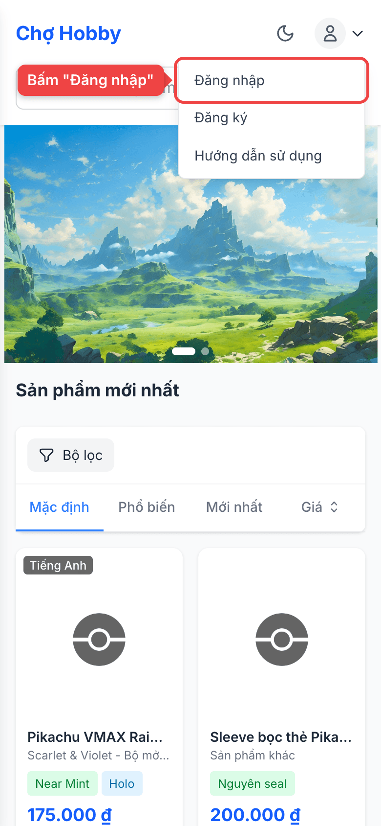 Menu tài khoản với mục Đăng nhập