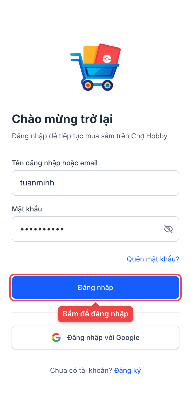 Form đăng nhập bằng tên đăng nhập và mật khẩu