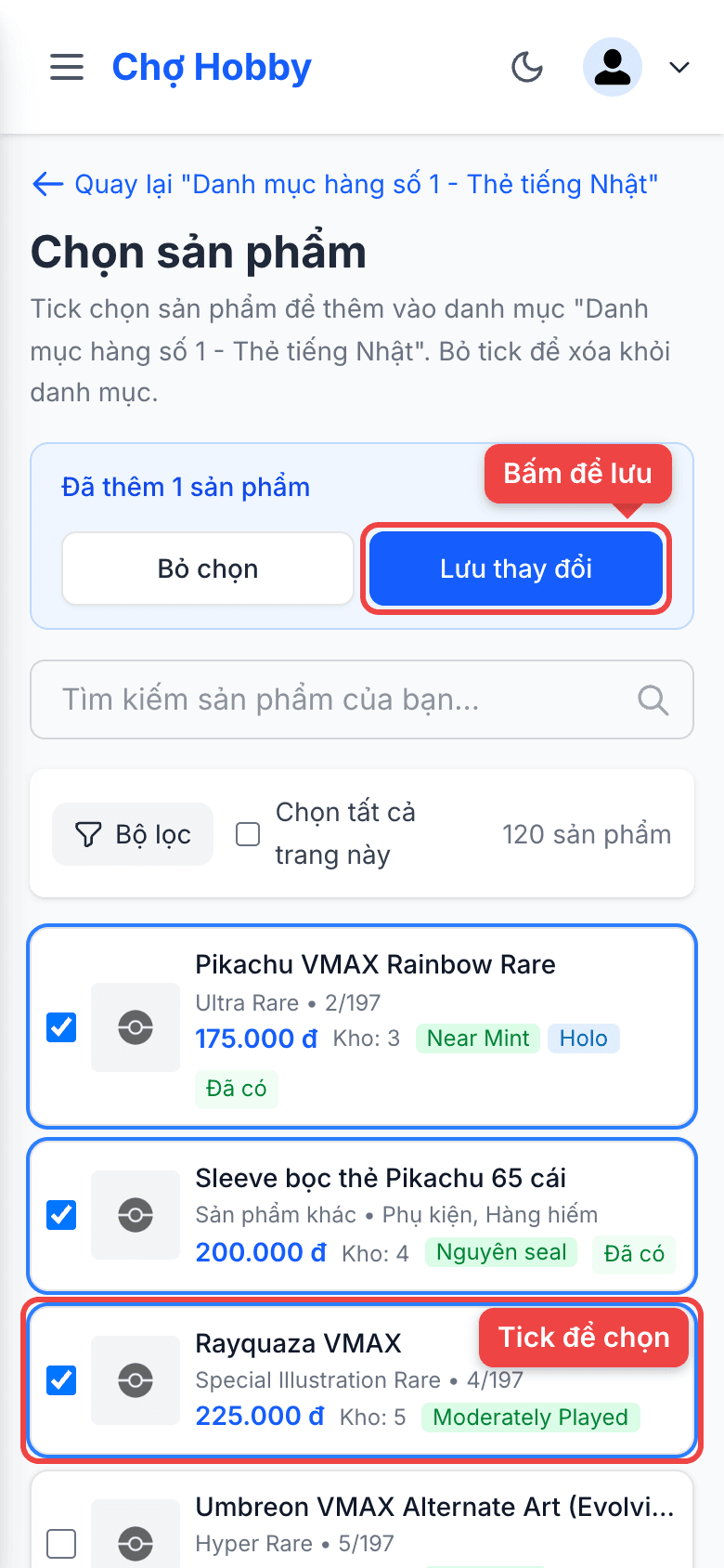 Tick sản phẩm và nút Lưu thay đổi
