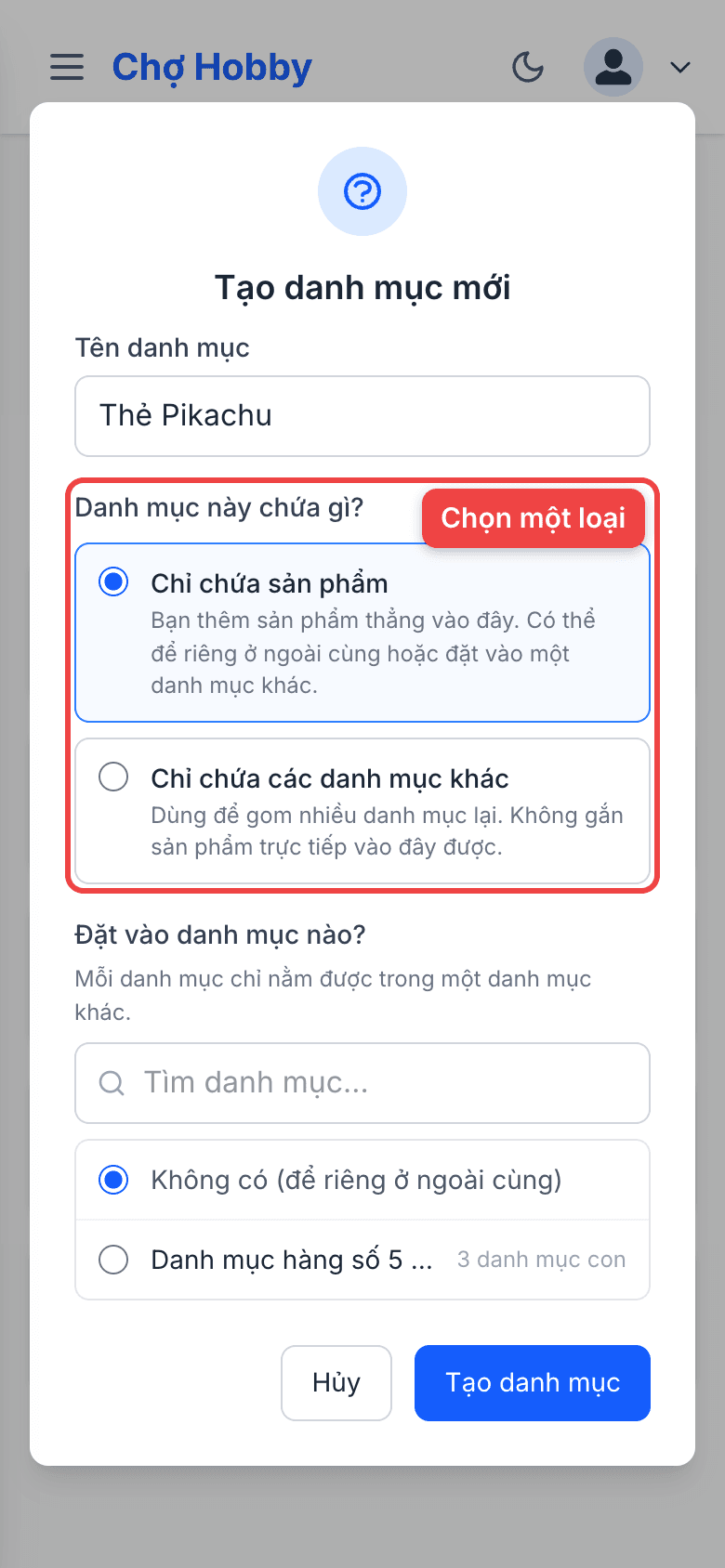 Form tạo danh mục