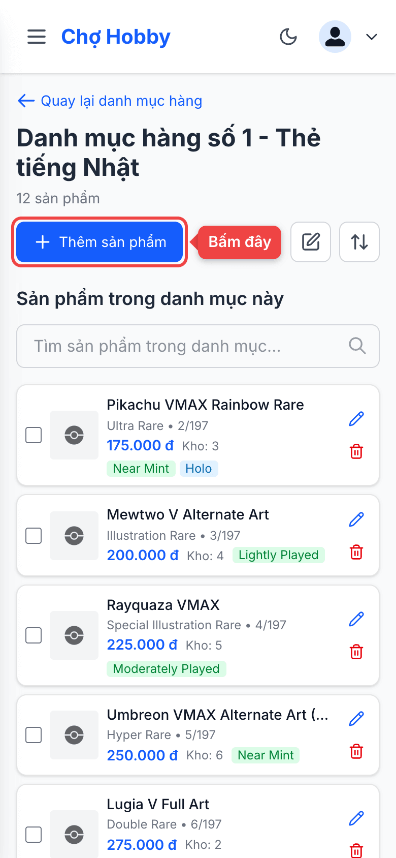 Trang danh mục với nút Thêm sản phẩm