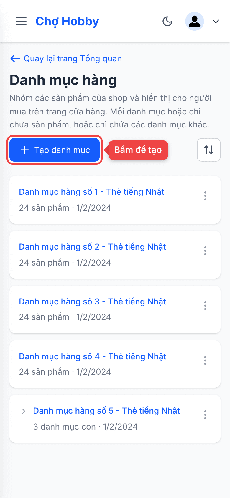 Nút Tạo danh mục