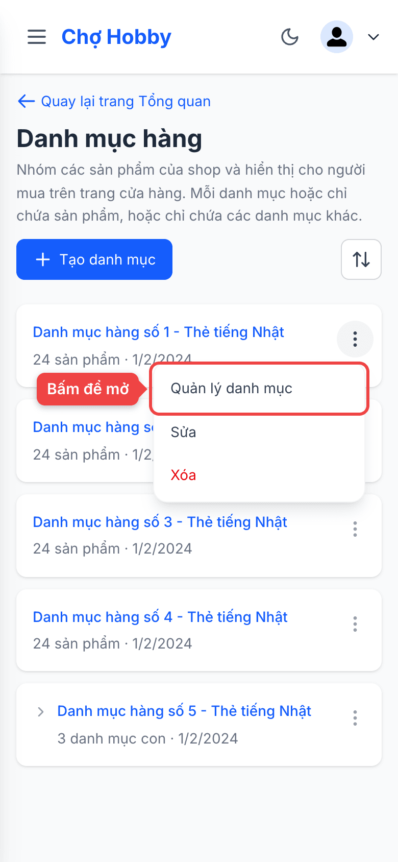 Menu ba chấm với mục Quản lý danh mục