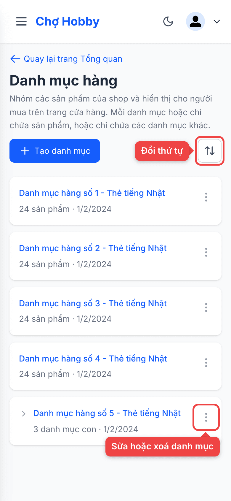 Nút sắp xếp và menu ba chấm