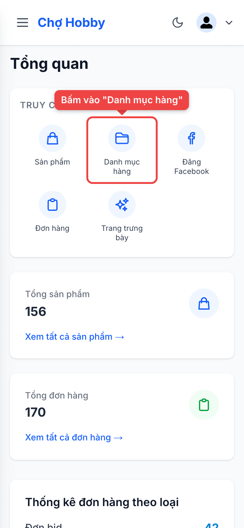 Khối Truy cập nhanh với mục Danh mục hàng