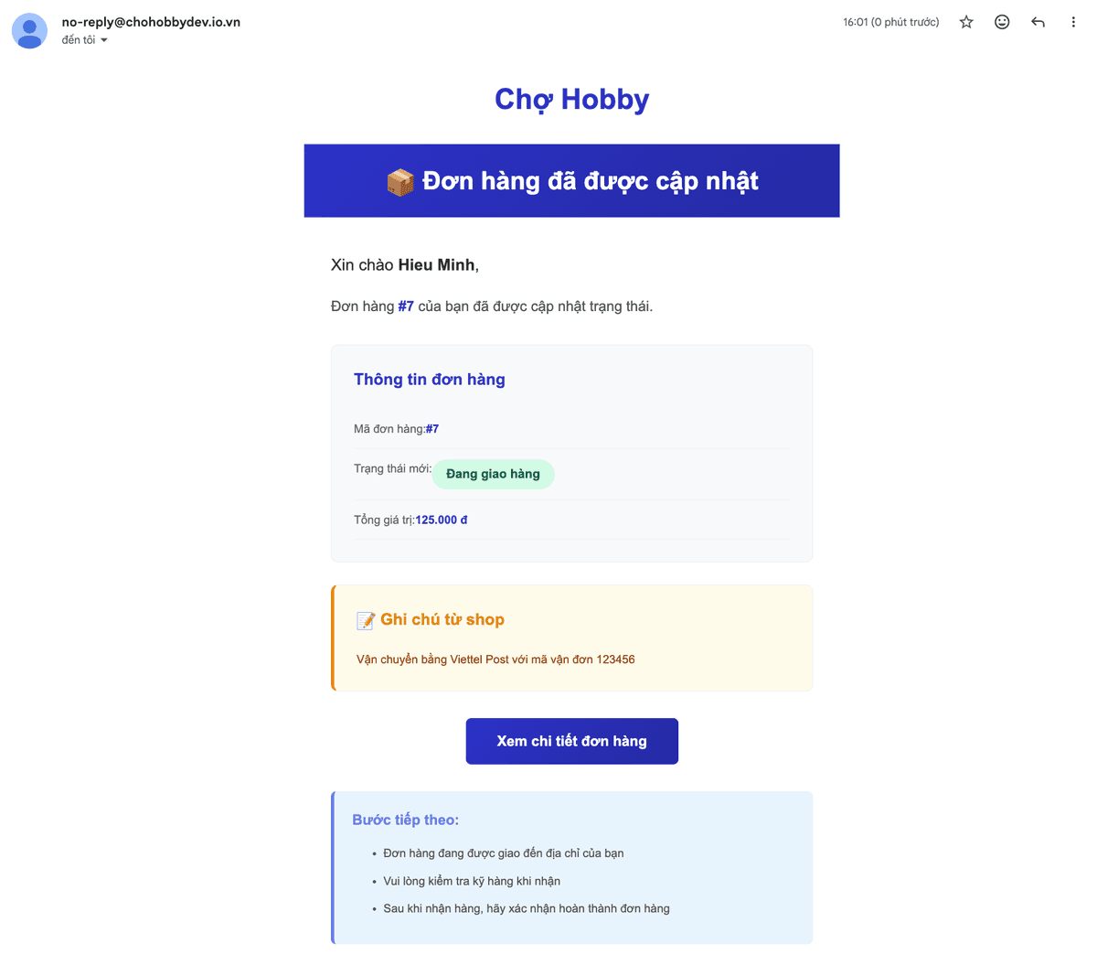 Screenshot: Email thông tin vận chuyển