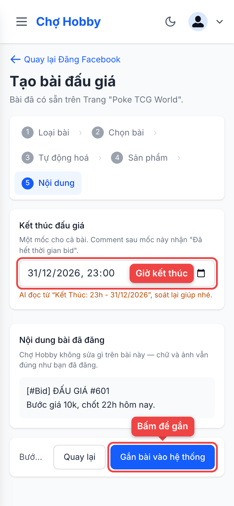 Giờ kết thúc và nút Gắn bài vào hệ thống