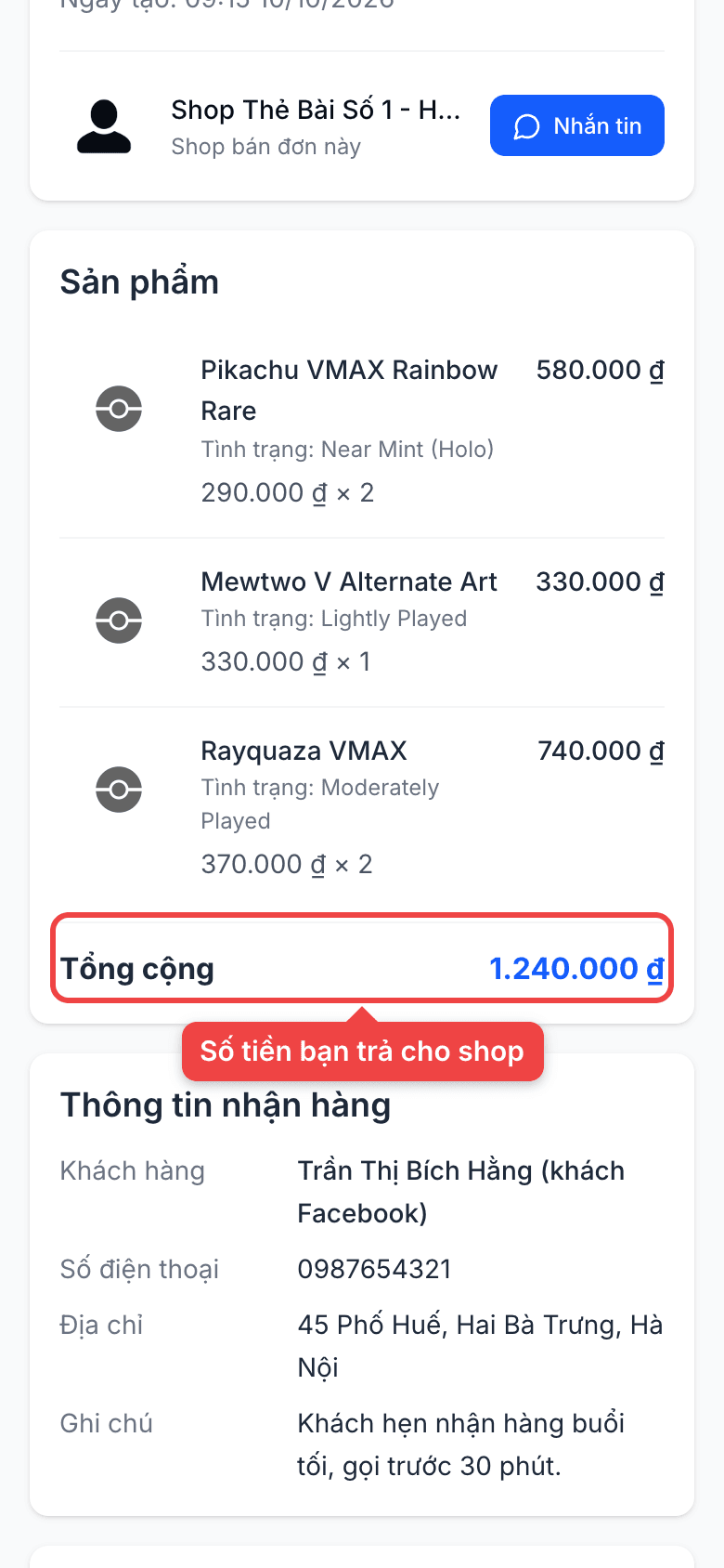 Trang link đơn hàng với tổng tiền