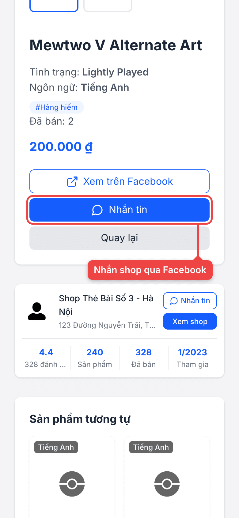 Nút Nhắn tin trên trang chi tiết sản phẩm