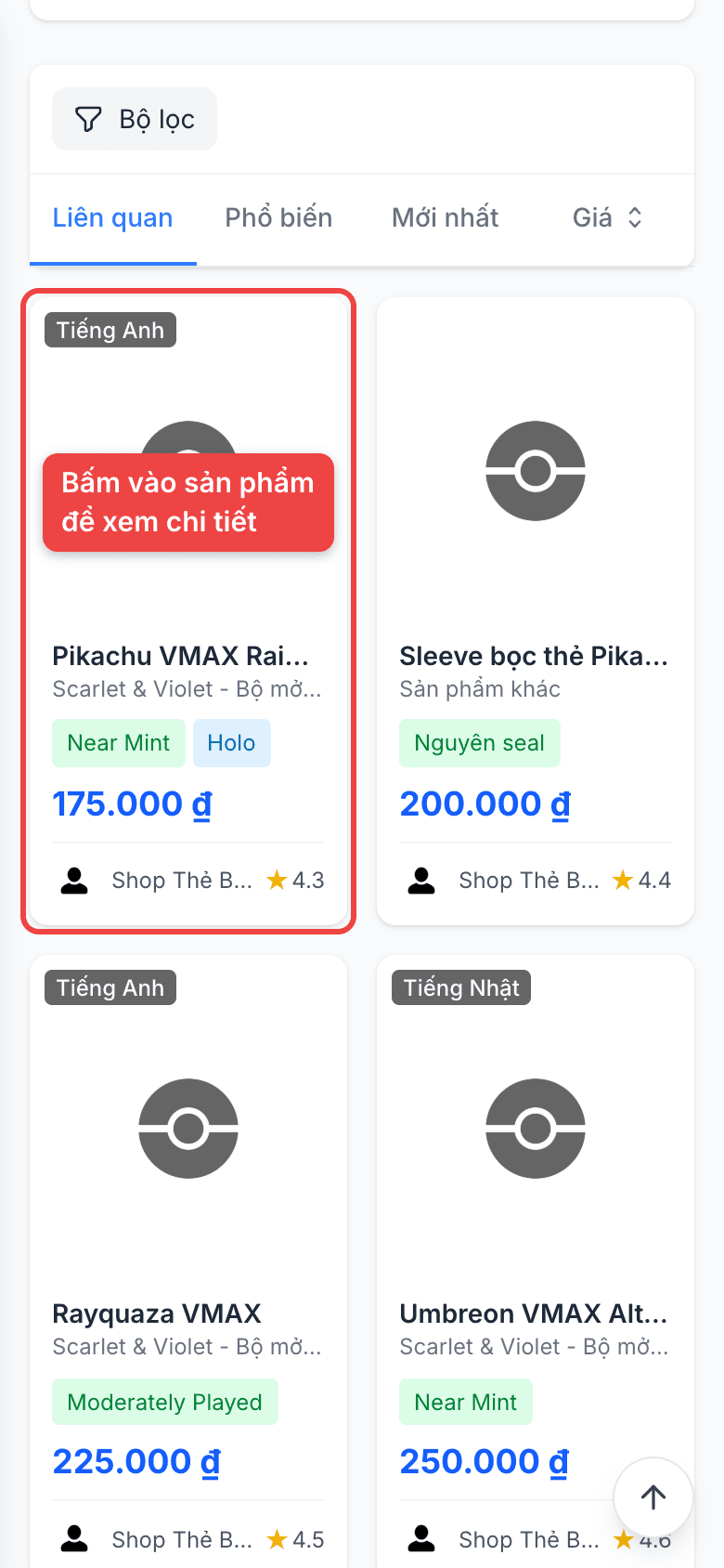 Danh sách sản phẩm trong kết quả tìm kiếm