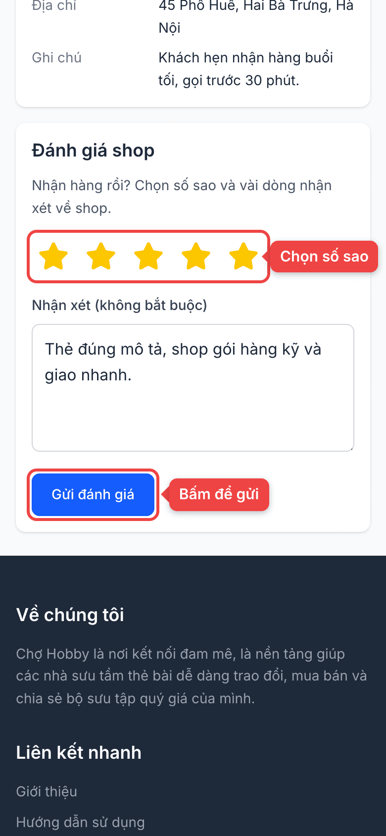 Phần đánh giá shop trên link đơn hàng