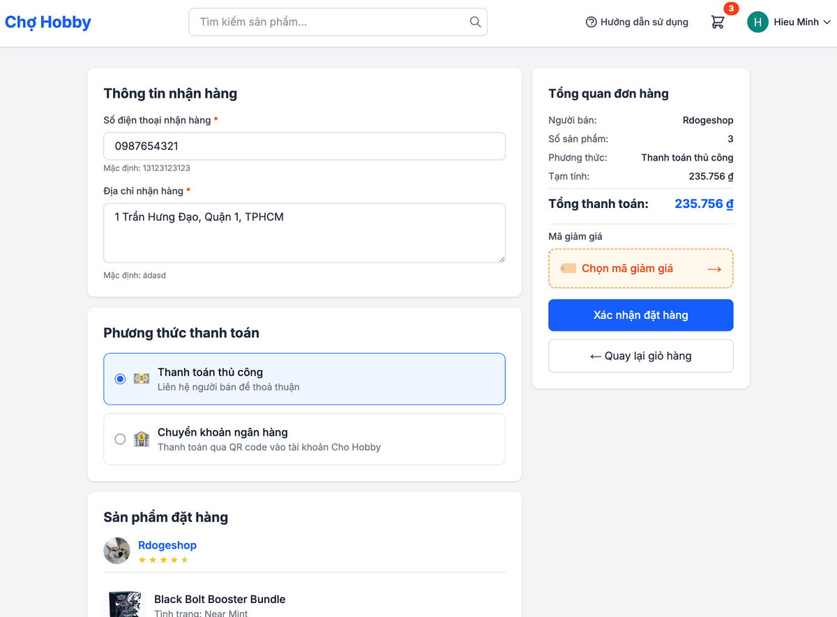 Screenshot: Trang xác nhận đơn hàng