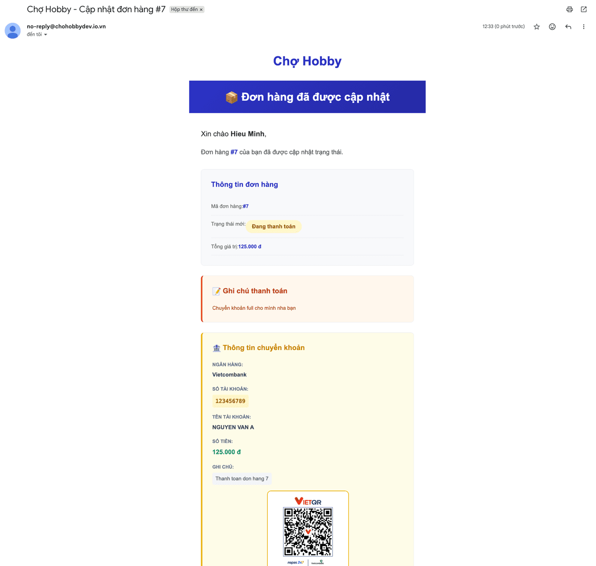Screenshot: Email thanh toán
