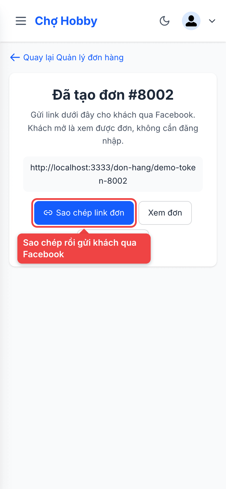 Đơn vừa tạo với nút Sao chép link đơn