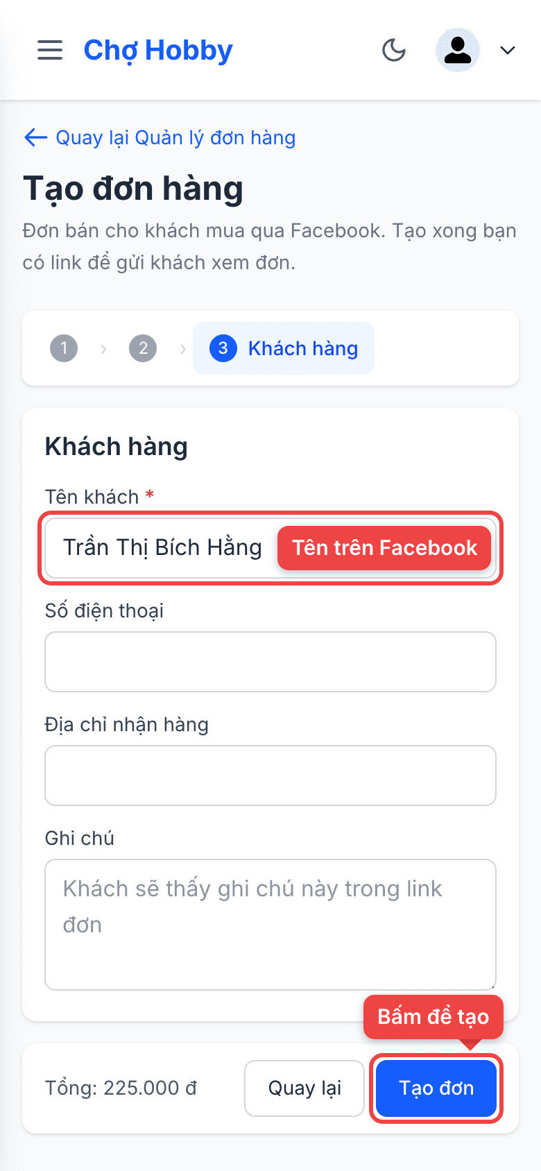 Ô tên khách và nút Tạo đơn