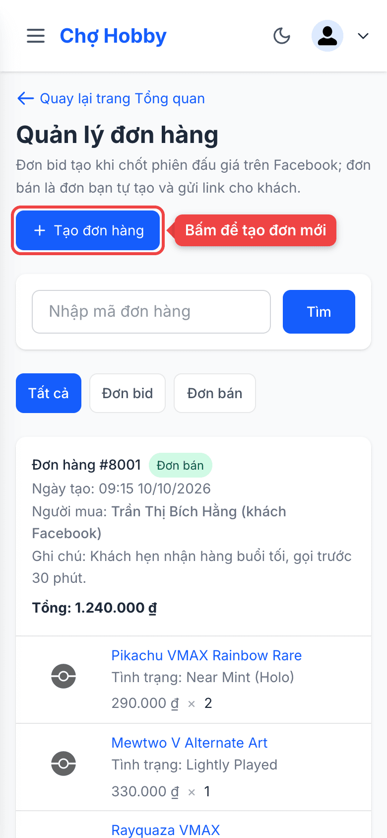 Nút Tạo đơn hàng