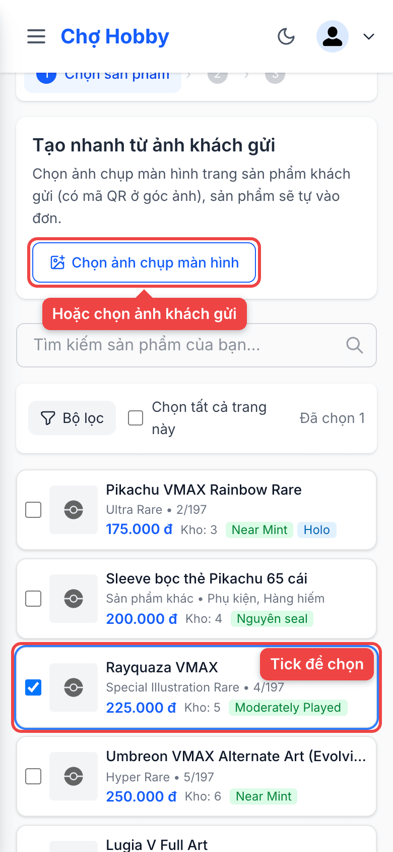 Tick chọn sản phẩm cho đơn