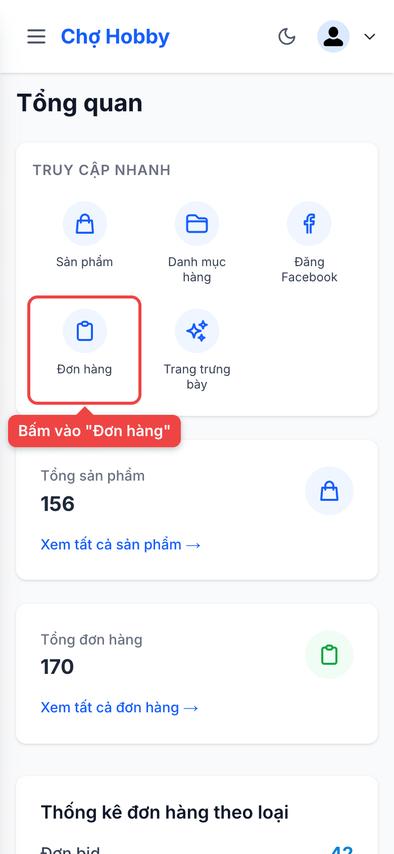 Khối Truy cập nhanh với mục Đơn hàng