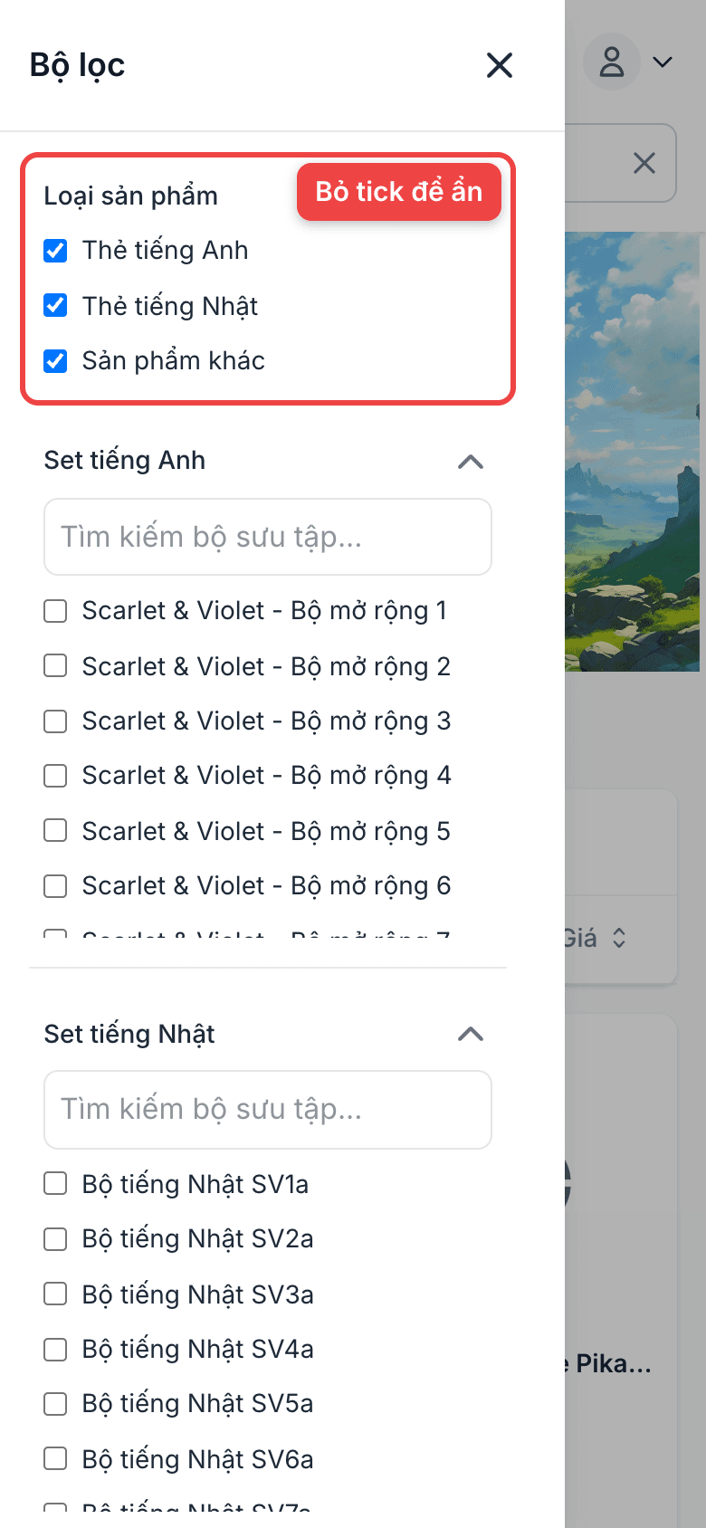 Bộ lọc: loại sản phẩm và set