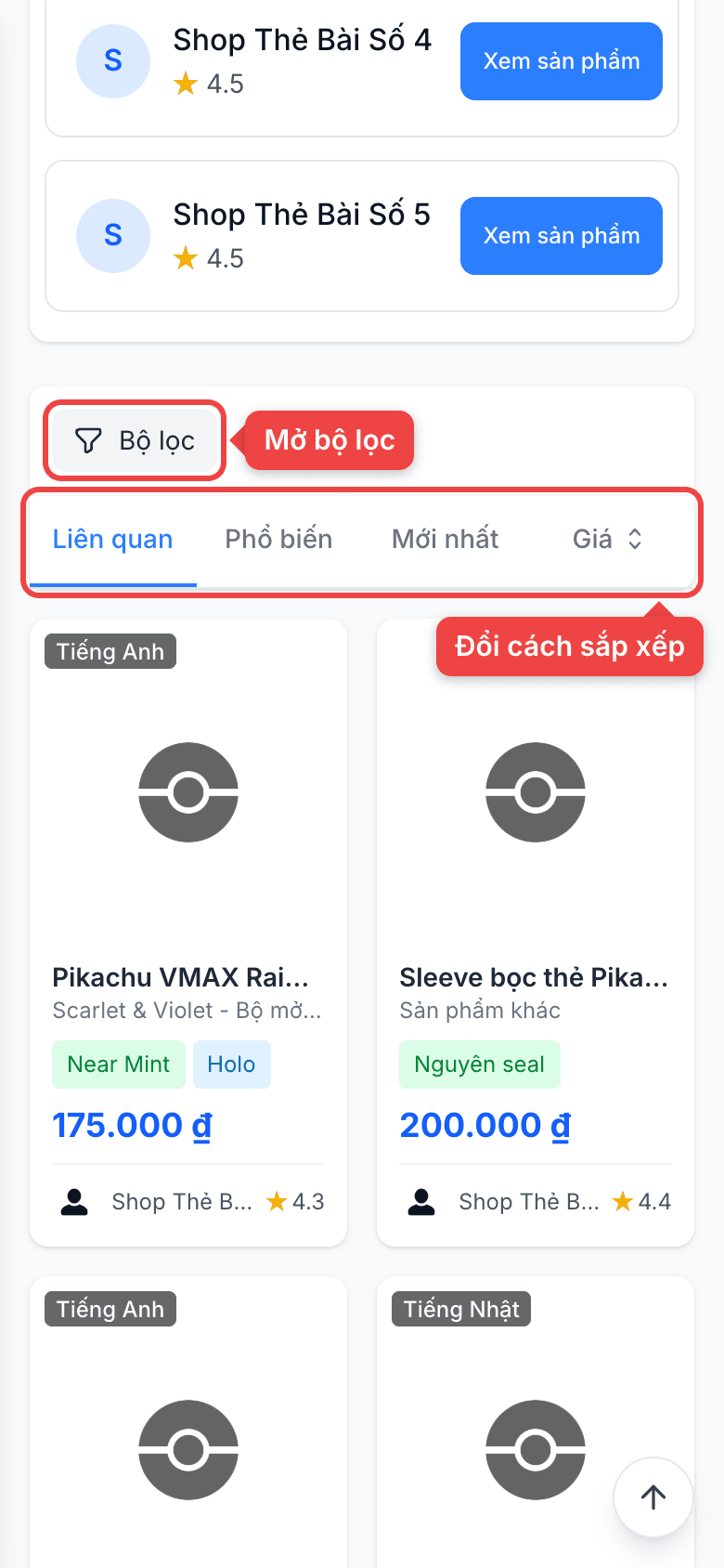 Nút Bộ lọc và thanh sắp xếp